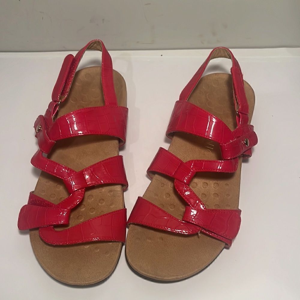 Vionic red patent leather adjustable strap sandals